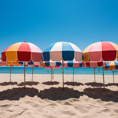 Sticker - A row of colorful beach umbrellas on the shore