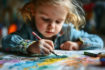 Wall Mural - Young child uses chalk pastels to create art on a blank surface for Father's Day.