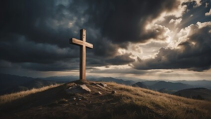 Wall Mural - Wooden cross on top of a hill with dramatic sky background symbolizing suffering from Generative AI