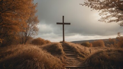 Wall Mural - Wooden cross on top of a hill at autumn symbolizing suffering from Generative AI