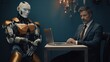 Job interview with robot. Man talking to robot. Businessman sitting with robot. Ai with human.