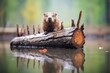 beaver standing on chewed logs in water
