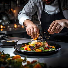 Wall Mural - Close-up of a chef's hands preparing a gourmet dish.