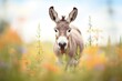 perked ears donkey among spring flowers