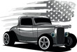 monochromatic illustration of hot rod with american flag