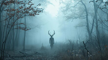 Surreal Portrait Of A Figure Emerging From A Misty Forest, Crown Of Antlers, Haunting Yet Beautiful