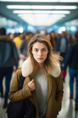 Sticker - Woman with fur collar standing in crowd.