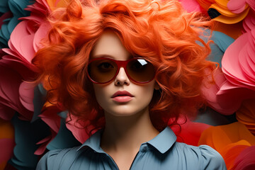 Canvas Print - Woman with red hair and sunglasses on her head.