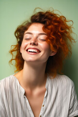 Poster - Woman with red hair smiling and looking up at the sky.