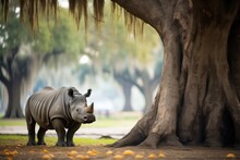 Solitary Rhino Under Acacia Tree In Savannah