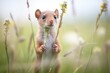 stoat holding a field mouse in its mouth amid wildflowers