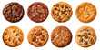 Collection of round cookie cookies biscuit, classic and nut set, on transparent background cutout. PNG file. Many assorted different flavour. Mockup template for artwork design