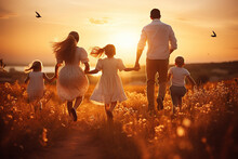 Happy Large Family: Mother, Father, Children Son And Daughters Running On Nature On Sunset