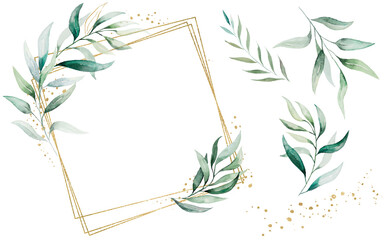 Wall Mural - Golden frame made of green watercolor leaves and single elements, wedding illustration