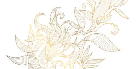 vector golden leaves background, luxury abstract wavy floral art. nature design texture, line illust