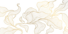 Vector Golden Leaves Background, Luxury Abstract Wavy Floral Art. Nature Design Texture, Line Illustration, Foliage Wallpaper.