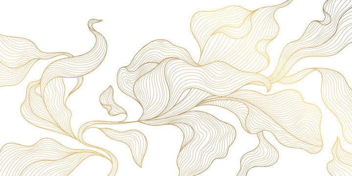 vector golden leaves background, luxury abstract wavy floral art. nature design texture, line illust