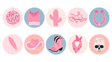 A Cute Set Of Hand Drawn Pink Female Cowboy Elements. Trendy Vector Illustrations In Cartoon Style. Doodle Vector Icons Pack In Retro Style.