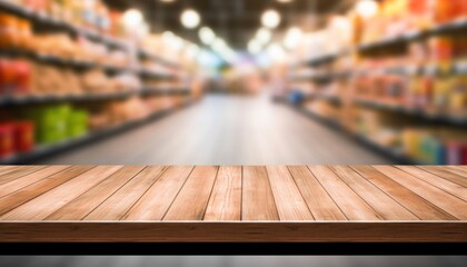 Empty wooden table top and blurred supermarket as background. Image for display product.