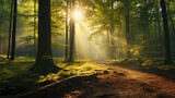 Fototapeta Fototapeta las, drzewa - A photo of a beautiful forest and the rays of the sun breaking through the trees. Evening time.
