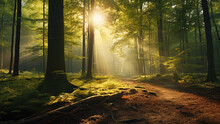 A Photo Of A Beautiful Forest And The Rays Of The Sun Breaking Through The Trees. Evening Time.
