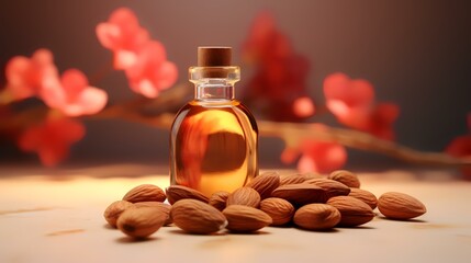 Wall Mural - Almond oil in a small bottle on a wooden table with almonds and flowers