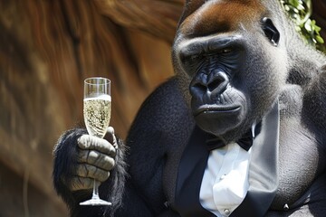 Sticker - Giant gorilla wearing tuxedo and holding a champagne flute