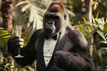 Sticker - Giant gorilla wearing tuxedo and holding a champagne flute