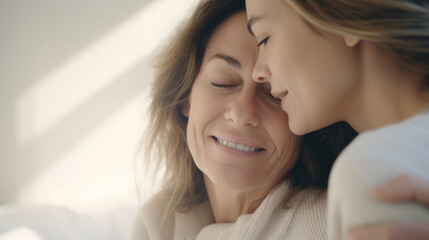 Wall Mural - Happy senior woman enjoying in daughter's affection on Mother's day.