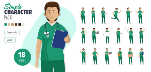Wall Mural - Simple flat female nurse woman vector character in a set of multiple poses. Easy to edit and isolated on a white background. Modern trendy style character mega pack with lots of poses.