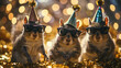 Three cute squirrels with party hats and sunglasses on bokeh background