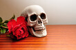 A skeleton displayed with a single red rose