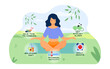 Woman in lotus position trying to find balance in life vector illustration. Physical activity, daily regime, balanced diet, getting enough sleep, having time for hobby. Stress relief, coping with