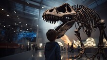 A Little Boy In A Paleontology Museum Looks Curiously At A Large Dinosaur Skeleton. A Child On A Field Trip Examines The Bones Of A Fossilized Animal.