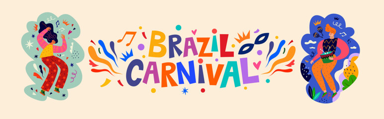 Sticker - Banner Brazil carnival. Design for Brazil Carnival. Decorative illustration with dancing people. Music festival illustration