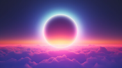 Wall Mural - Rainbow and orange rainbow glow circles on clouds in dark magenta and azure style