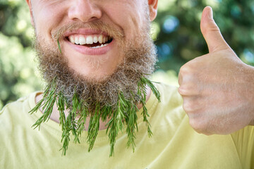 Smiling man beard and fragrant sprig of rosemary. Adult behaving childishly man in sunny meadow with excited expression on face and thumb up closeup