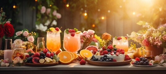 Luminous bokeh backdrop with vibrant outdoor brunch, cocktails, fruit platters, and sunlight.