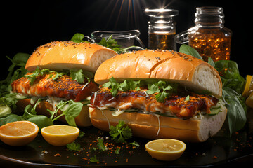 Poster - Fish sandwiches, dramatic studio lighting and a shallow depth of field. Placed on a reflective black surface.no.04