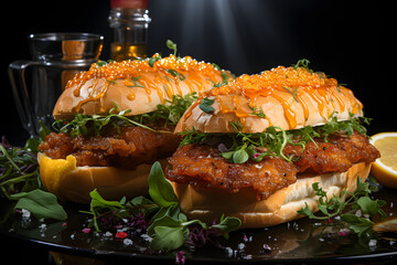 Wall Mural - Fish sandwiches, dramatic studio lighting and a shallow depth of field. Placed on a reflective black surface.no.02