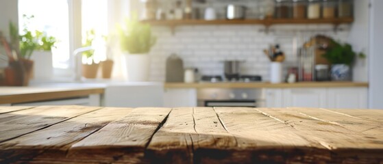 Poster - Empty beautiful wood table top counter and blur bokeh modern kitchen interior background