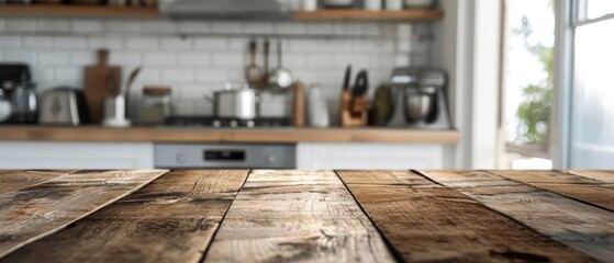 Poster - Empty beautiful wood table top counter and blur bokeh modern kitchen interior background