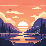 Fototapeta  - Abstract Nature Sunset Landscape Vector Flat Design Illustration	
