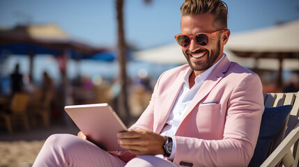 A startup CEO in pink suit with tablet on the beach