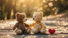 Two Teddy Bears With Red Heart On The Street. 