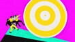 © master1305 - Motivated and ambitious employees, young people pushing target, reaching new professional level and overcoming difficulties. Contemporary art. Business, teamwork, success, motivation, growth concept