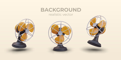 Set of classic portable table fans. Household electrical appliance for air cooling in heat. Line of devices for home and office. Realistic model in different positions