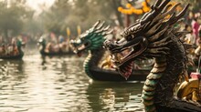 The Majestic Heads Of Dragon Boats With Ornate Designs Float On Murky Waters During A Traditional Chinese Parade, With Spectators In The Background.