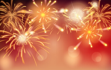 Wall Mural - Realistic shiny golden fireworks on blurred background to celebrate a festive day