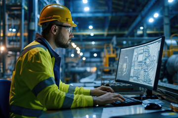 Wall Mural - Focused engineer in protective gear carefully reviewing technical drawings on computer screen in illuminated industrial plant setting